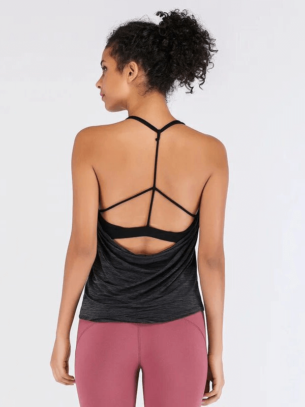 Stylish sporty women's tank top with open back, SF1620. Perfect for yoga, quick dry performance in black. Elegant and breathable design.